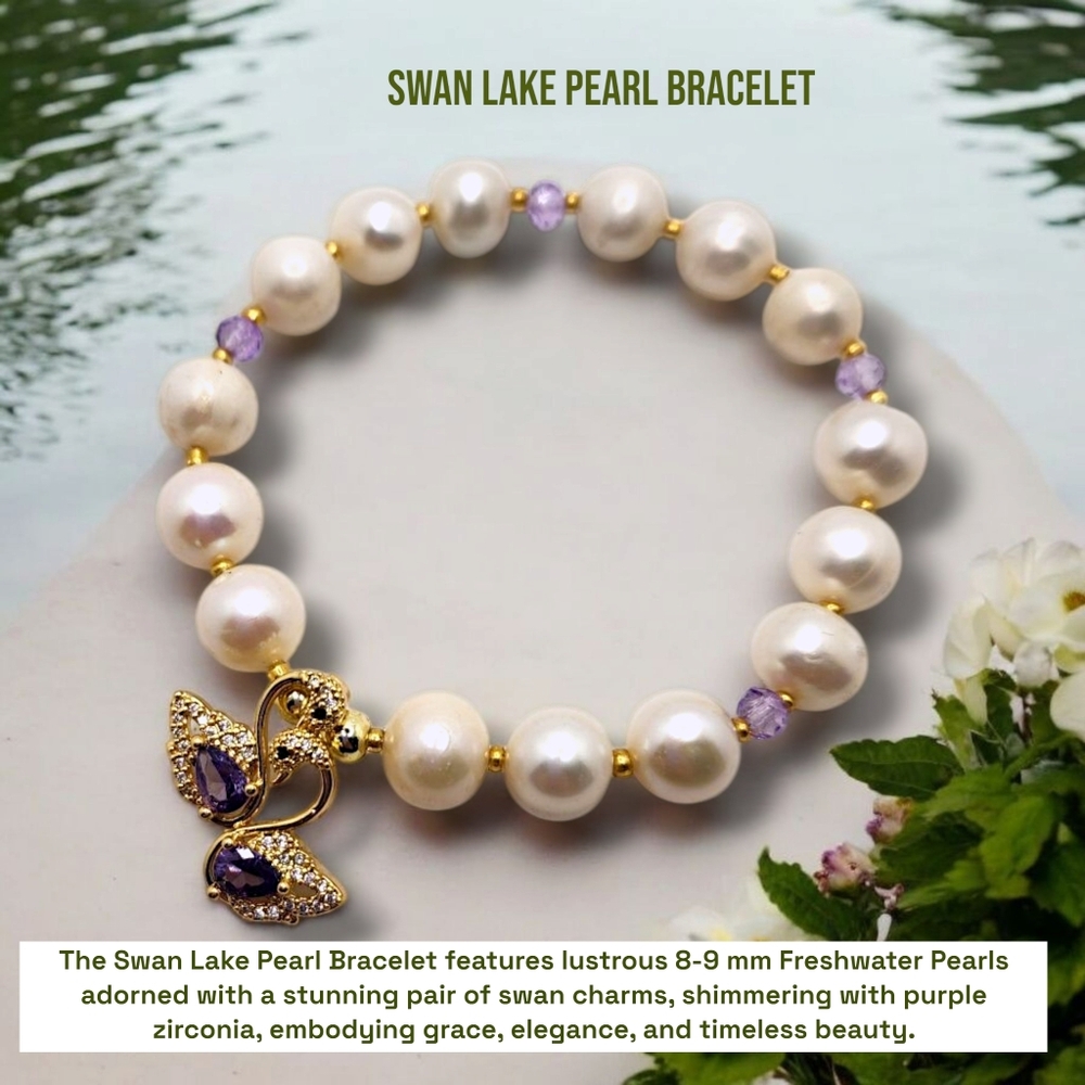 Freshwater Pearl Swans Zirconia Charm Bracelet